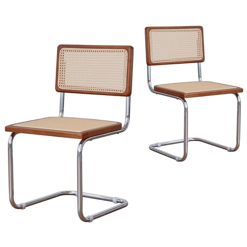 SEEDWAVE 2er-Set Freischwinger Esszimmerstühle mit Rattan-Sitz & Walnuss-Holzrahmen – Moderne Retro Stühle mit Metallrahmen für Küche, Wohnzimmer, Büro (Walnussfarbe) von SEEDWAVE