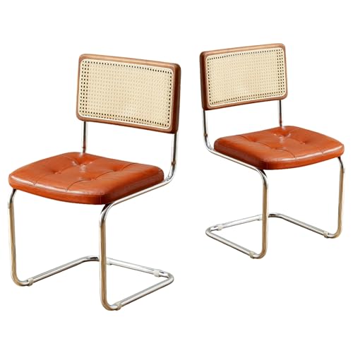 SEEDWAVE 2er-Set Freischwinger Stühle im Vintage-Stil – Esszimmerstühle mit Rattan Rückenlehne & Walnuss-Holzrahmen – Kunstleder Sitz, Retro Design für Küche, Wohnzimmer, Büro (Walnussbraun) von SEEDWAVE