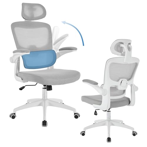 SEEDWAVE Ergonomischer Bürostuhl bis 150 kg, Schreibtischstuhl mit Adaptive Lendenstütze, Netzrücken, Verstellbarer Kopfstütze und Wippfunktion, Drehstuhl für langes Sitzen (Grauweiß) von SEEDWAVE