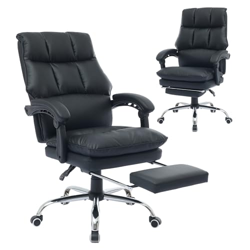 Ergonomischer Bürostuhl mit Fußstütze, PU-Leder Chefsessel mit 155° Verstellbare Rückenlehne, Schreibtischstuhl Tragfähigkeit von 150 kg (Schwarz) von SEEDWAVE