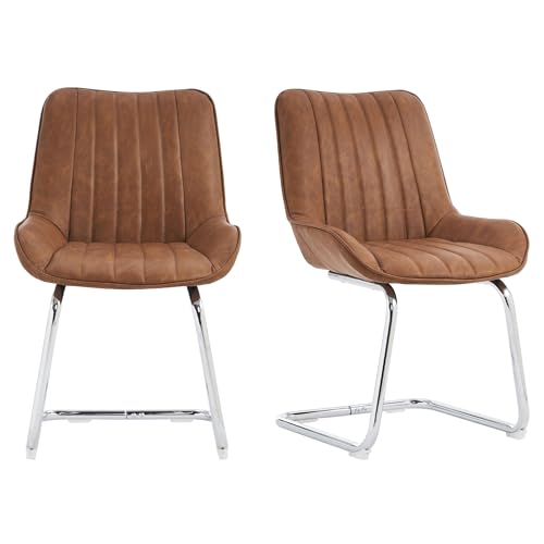 SEEDWAVE Freischwinger 2er Set, Ergonomisch Gepolstert mit PU-Bezug, Robuste Stahlbeine, rutschfest, Vertikale Ziernähte, Leicht Aufzubauen, Modernes Design (Braun) von SEEDWAVE