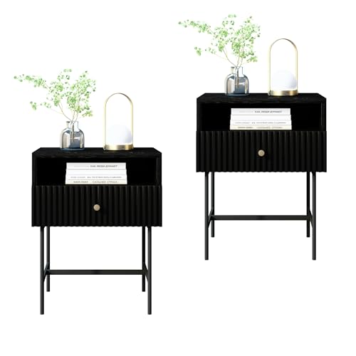 SEEDWAVE Nachttisch 2er Set Schwarz 48 cm Breit, Nachtschrank mit Leises Soft-Close-Schubladenschienen, Nachtkommode für Schlafzimmer Wohnzimmer(48 x 29 x 60 cm) von SEEDWAVE