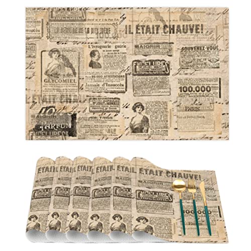 Set mit 6 Vintage-Zeitungs-Tischsets für Esstisch, rutschfest, schmutzabweisend, Zeitungsspint, langlebig, PVC-Tischsets für Party, Esszimmer, Dekoration (30,5 x 45,7 cm) von SEEKJOYS