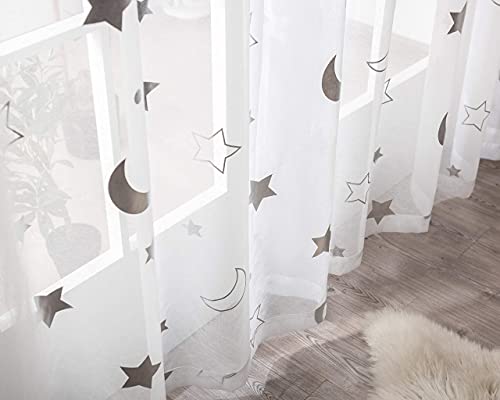 SEEKRIGHT Niedliche Vorhänge für Kinderzimmer – Silberfolien-Druck weiß durchscheinende Vorhänge für Mädchenzimmer Ösen Stern und Mond Spitze durchscheinende Vorhänge für Schlafzimmer 95 cm Länge von SEEKRIGHT