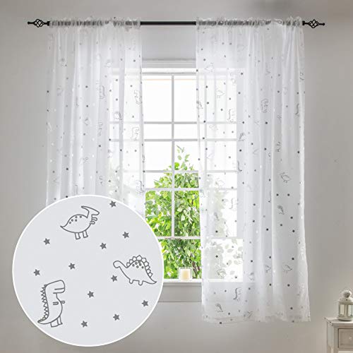 SEEKRIGHT Tier Dinosaurier Vorhänge transparent für Jungen Schlafzimmer Kinderzimmer 114 cm lang – Stangentasche Tier Design weiß und silber Dino Vorhänge für Wohnzimmer, Set 2 Paneele von SEEKRIGHT