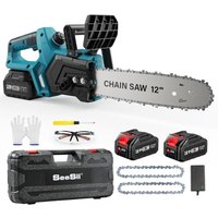 SEESII Akku Kettensäge 12 Zoll, 10000mAh Elektro Kettensäge, 1200W Bürstenloser Motor, Automatische Kettenschmierung, Werkzeuglose Kettenspannung, von SEESII