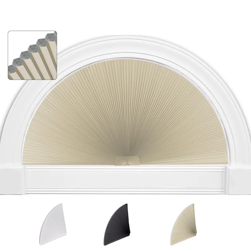 SEEYE Verdunkelungsrollo für Bogenfenster, Plissee, Stoffrollo (Radius: 61 cm), Halbkreis, schnurlos, halbrund, ohne Werkzeug, halbrunder Lampenschirm, einfach zu schneiden und zu installieren, Beige von SEEYE
