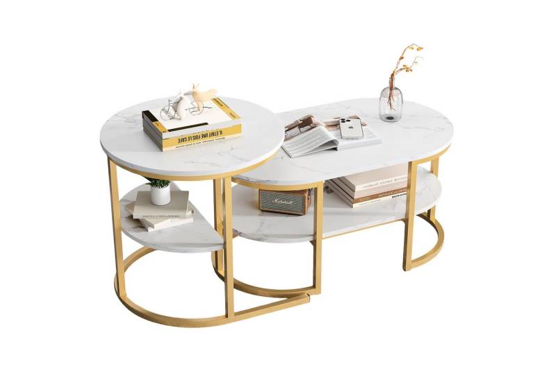 SEEZSSA Couchtisch Satztisch Beistelltisch Kaffeetisch,mit Ablage (Wohnzimmertisch, 1-St., Quadrat + Rund Kombination,Golden), mit Bodenschutz,mit Stauraum von SEEZSSA