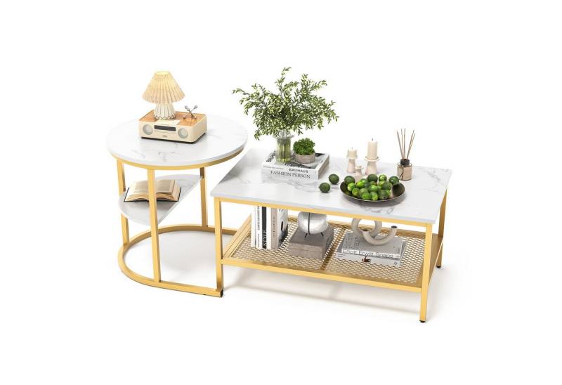 SEEZSSA Couchtisch Satztisch Beistelltisch Kaffeetisch,mit Ablage (Wohnzimmertisch, 1-St., Quadrat + Rund Kombination,Golden), mit Bodenschutz,mit Stauraum von SEEZSSA