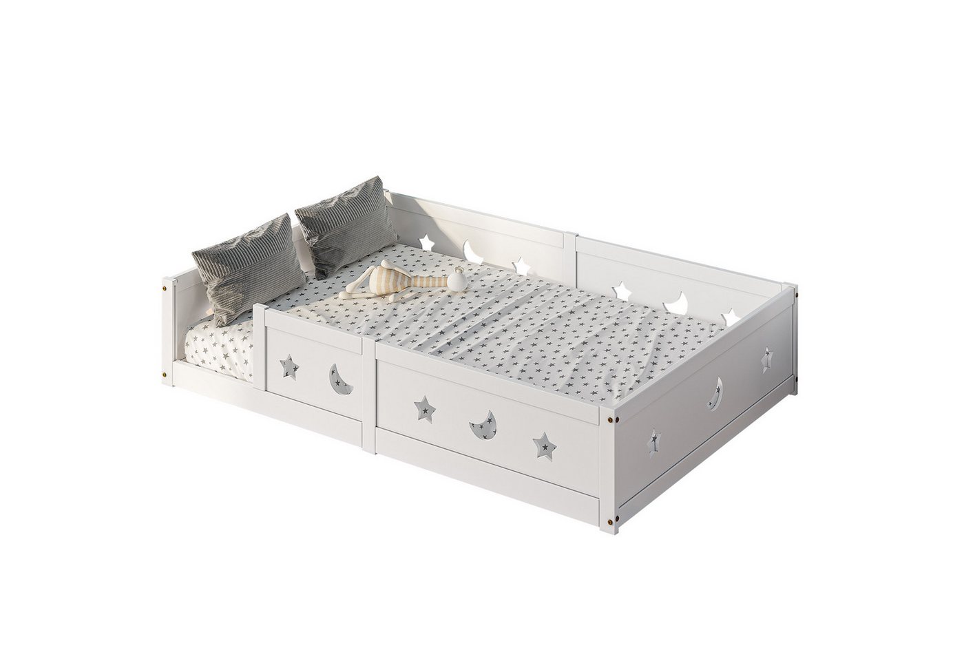 SEEZSSA Einzelbett Massivholzbett Holzbett Weiß Einzelbett mit Kopf und Fußteil Bett (90x200 cm Montessori Bodenbett Bett), mit Lattenrost und Rausfallschutz,Weiß-D von SEEZSSA