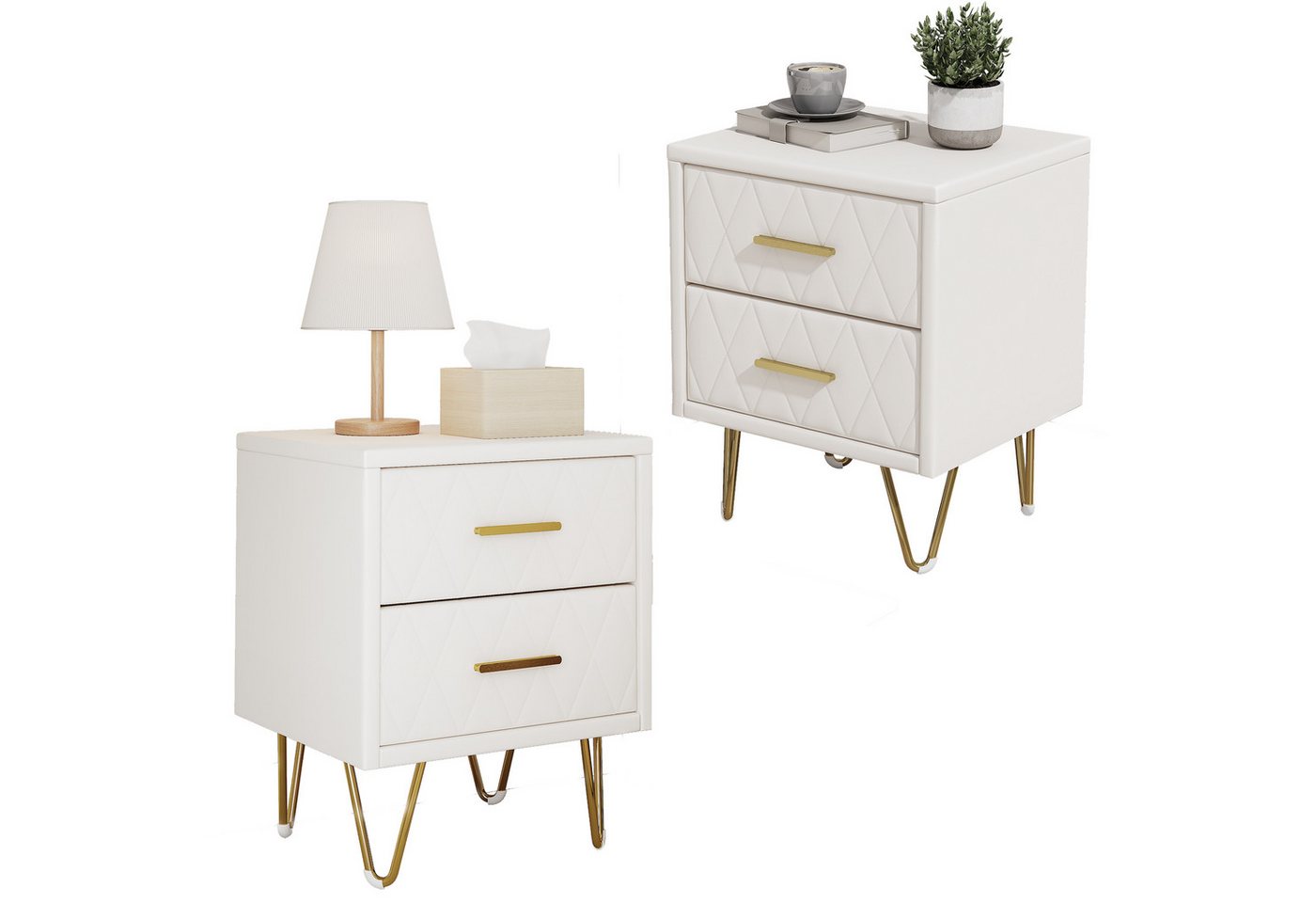 SEEZSSA Nachttisch 2er Set Nachtschrank mit 2 Schubladen (2-St., Sofatisch Beistelltisch für Wohnzimmer Schlafzimmer, Beige PU), Schubladenschrank mit Metallbeinen und Metallgriffen 41x35.5x51cm von SEEZSSA