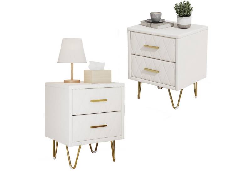 SEEZSSA Nachttisch 2er Set Nachtschrank mit 2 Schubladen (2-St., Sofatisch Beistelltisch für Wohnzimmer Schlafzimmer, Beige PU), Schubladenschrank mit Metallbeinen und Metallgriffen 41x35.5x51cm von SEEZSSA