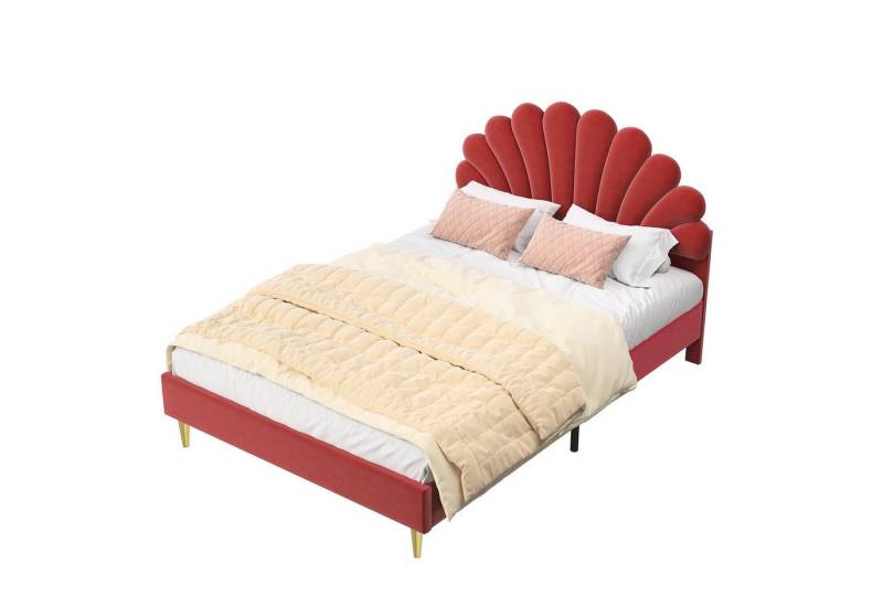 SEEZSSA Polsterbett 140x200cm Doppelbett Kinderbett Bettgestell Gästebett mit Kopfteil, Blumenform und Lattenrost, Kinderbett in hautfreundlichem Samtstoff von SEEZSSA