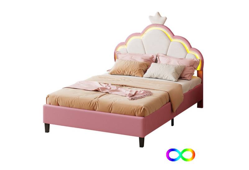 SEEZSSA Polsterbett Kinderbett Jugendbett (140x200cm Bett LED Doppelbett mit Blütenblattform Prinzessinnenbett), mit höhenverstellbarem Kopfteil,Samt,Weiß+Rosa von SEEZSSA