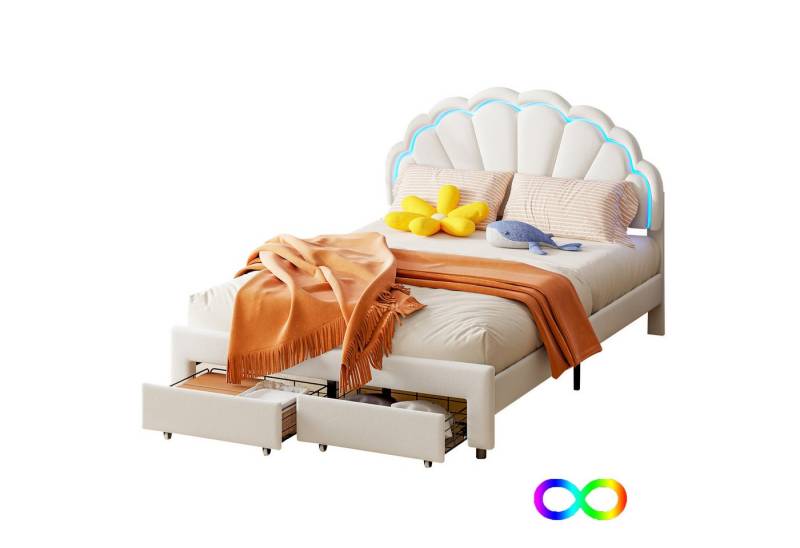 SEEZSSA Polsterbett Kinderbett Jugendbett (140x200cm Bett LED Doppelbett mit Blütenblattform Stauraumbett), mit höhenverstellbarem Kopfteil,Samt,Weiß von SEEZSSA