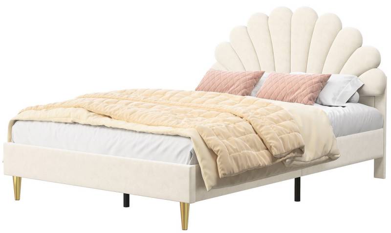 SEEZSSA Polsterbett Polsterbett Kinderbett süßes Einzelbett Mädchenbett mit Blumenform, Rückenlehne und Lattenrosten Gestell aus Holz & Samtstoff 140 x 200 cm von SEEZSSA