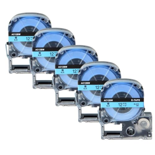 SEFNPOME 5PK SS12KW Label Tape 9/12/18/24mm kompatibel mit SC12YW-Etikett funktioniert schwarz auf weißem Klebeband Kompatibel mit LW-300 LW-400 kompatible Etikettenhersteller(5PK Black on Blue) von SEFNPOME