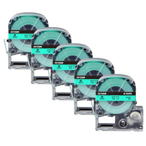SEFNPOME 5PK SS12KW Label Tape 9/12/18/24mm kompatibel mit SC12YW-Etikett funktioniert schwarz auf weißem Klebeband Kompatibel mit LW-300 LW-400 kompatible Etikettenhersteller(5PK Black on Green) von SEFNPOME