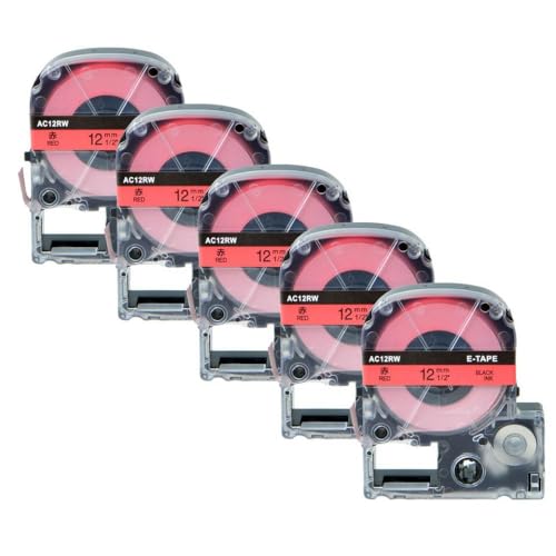 SEFNPOME 5PK SS12KW Label Tape 9/12/18/24mm kompatibel mit SC12YW-Etikett funktioniert schwarz auf weißem Klebeband Kompatibel mit LW-300 LW-400 kompatible Etikettenhersteller(5PK Black on Red) von SEFNPOME