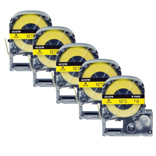 SEFNPOME 5PK SS12KW Label Tape 9/12/18/24mm kompatibel mit SC12YW-Etikett funktioniert schwarz auf weißem Klebeband Kompatibel mit LW-300 LW-400 kompatible Etikettenhersteller(5PK Black on Yellow) von SEFNPOME