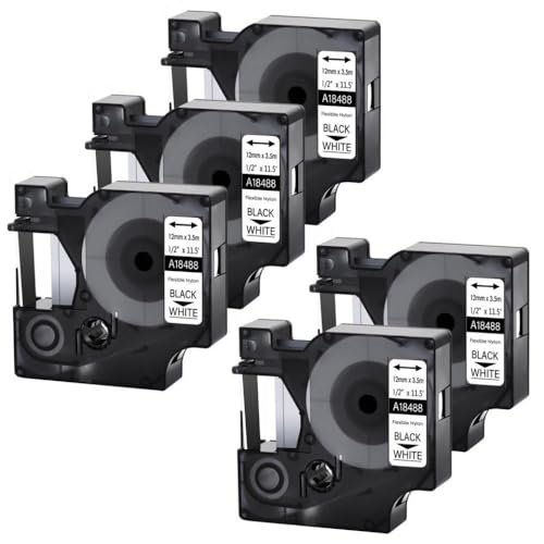 SEFNPOME 5pcs Etikettbandkapitibel mit 18488 Schwarz auf Weiß 12 19 mm Flexible Nylonbänder Kompatibel mit 4200 6000 und 3M PL200 Drucker(Black on White) von SEFNPOME