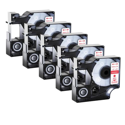 SEFNPOME 5pk 45013 kompatibles Schwarz auf weißen Etikettenbändern Kompatibel mit D1 45013 45018 45010 9/12/19mm Bänder Kompatibel mit Labelmanager 100 150 160 450 Label -Hersteller(Red on Clear) von SEFNPOME