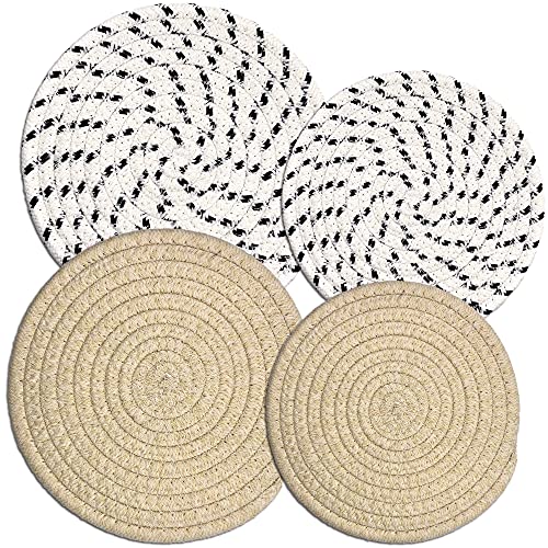 Topflappen-Set Topfuntersetzer Set 4 [zwei 22.9 cm + zwei 17.8 cm],100% Eco reine Baumwolle Fadengewebe Untersetzer für heiße Töpfe und Pfannen,Hot Mats,Beige + Weiß & Schwarz Flocken von SEGGAONE