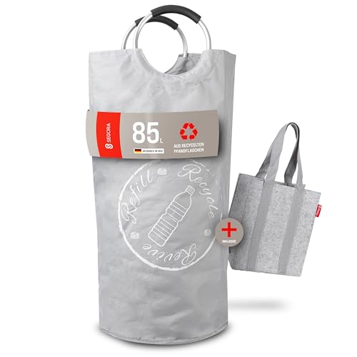 SEGORA Pfandflaschen Sammelbehälter 85L aus recyceltem PET - Pfandflaschen Behälter mit auslaufsicherem Boden und Außentasche - Flaschensammler Leergut incl. Flaschenträger 6 Flaschen (Grau) von SEGORA
