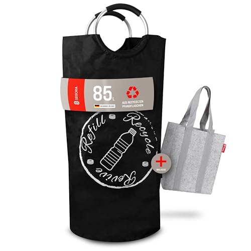 SEGORA Pfandflaschen Sammelbehälter 85L aus recyceltem PET - Pfandflaschen Behälter mit auslaufsicherem Boden und Außentasche - Flaschensammler Leergut incl. Flaschenträger 6 Flaschen (Schwarz) von SEGORA