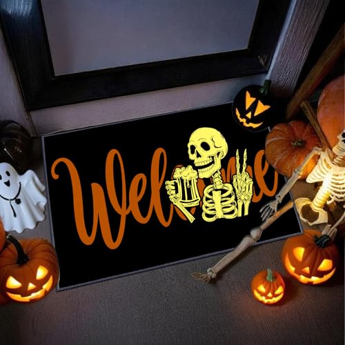 Halloween-Fußmatte, leuchtet im Dunkeln, für drinnen und draußen, schwarzes Leinen, Skelett, Willkommensmatte, rutschfeste Gummi-Rückseite, Veranda, Teppich für Urlaub, Eingangsbereich Halloween-Fußmatte, leuchtet im Dunkeln, für drinnen und draußen, schwarzes Leinen, Skelett, Willkommensmatte, rutschfeste Gummi-Rückseite, Veranda, Teppich für Urlaub, Eingangsbereich von SEGXCFL