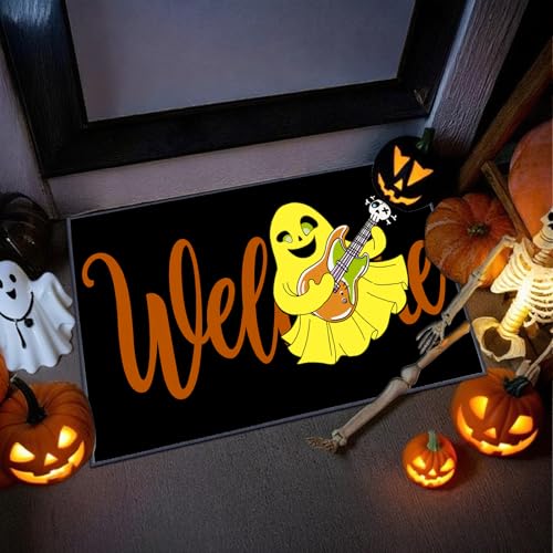 Halloween-Fußmatte, leuchtet im Dunkeln, für drinnen und draußen, schwarzes Leinen, Spielgitarre, Geister-Willkommensmatte, rutschfeste Gummi-Rückseite, Veranda-Teppich für Urlaub, Eingangsbereich von SEGXCFL