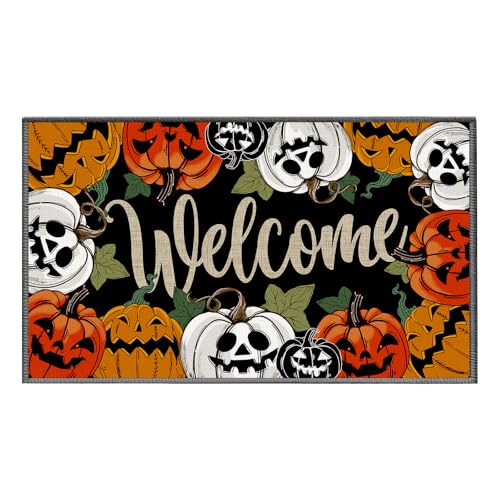 Halloween-Fußmatte für den Außenbereich für Haustür, rustikale Leinen-Eingangsmatte, rutschfeste Gummi-Unterseite, gruselige Halloween-Fußmatte, Außeneingangs-Dekor (43,2 x 73,2 cm, Willkommens-Kürbis Halloween-Fußmatte für den Außenbereich für Haustür, rustikale Leinen-Eingangsmatte, rutschfeste Gummi-Unterseite, gruselige Halloween-Fußmatte, Außeneingangs-Dekor (43,2 x 73,2 cm, Willkommens-Kürbis von SEGXCFL