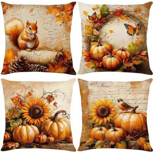 Herbst-Kissenbezüge, Leinen, Vintage-Stil, Blumenmuster, Kürbis-Dekor, für Couch, Bett, Bauernhaus, Heimdekoration, Eichhörnchen, Orange, 50,8 x 50,8 cm, 4 Stück Herbst-Kissenbezüge, Leinen, Vintage-Stil, Blumenmuster, Kürbis-Dekor, für Couch, Bett, Bauernhaus, Heimdekoration, Eichhörnchen, Orange, 50,8 x 50,8 cm, 4 Stück von SEGXCFL