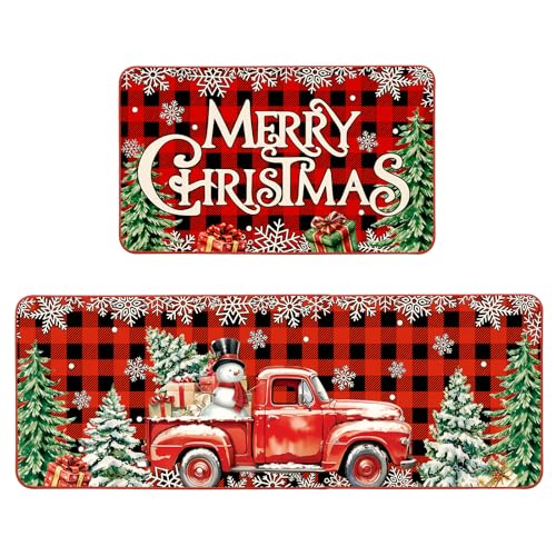 Weihnachtliche Küchenmatten, Vintage-Küchenteppiche, 2er-Set, rot, schwarz, Büffelkariert, Weihnachts-Küchenläufer, LKW, Schneemann, Dekorationen für Boden, Badezimmer, Wohnzimmer, Tür Weihnachtliche Küchenmatten, Vintage-Küchenteppiche, 2er-Set, rot, schwarz, Büffelkariert, Weihnachts-Küchenläufer, LKW, Schneemann, Dekorationen für Boden, Badezimmer, Wohnzimmer, Tür von SEGXCFL