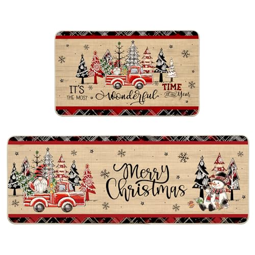 Weihnachtliche Küchenmatten, Vintage-Küchenteppiche, 2er-Set, rot, schwarz, Büffelkariert, Weihnachts-Küchenläufer, Teppich, Zwerg, LKW, Schneemann, Lebkuchen-Dekorationen für Boden, Badezimmer von SEGXCFL
