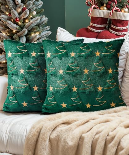 Weihnachts-Kissenbezüge aus weichem Plüsch, Kaninchenfell, dekorativer grüner Weihnachtsbaum-Stern, bestickt, für Sofa, Couch, Wohnzimmer, 45,7 x 45,7 cm, 2 Stück Weihnachts-Kissenbezüge aus weichem Plüsch, Kaninchenfell, dekorativer grüner Weihnachtsbaum-Stern, bestickt, für Sofa, Couch, Wohnzimmer, 45,7 x 45,7 cm, 2 Stück von SEGXCFL