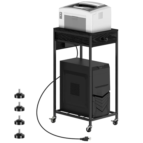 2-stöckiger Computer-Tower-Ständer, CPU-Halterungsständer mit Ladestation und USB-Ladeanschluss, Druckerständer mit rollenden, feststellbaren Rädern für Home Office Fax, Schwarz von SEHERTIWY