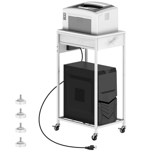 Computer-Tower-Ständer, verstellbarer PC-Tower-Ständer, CPU-Halter, Wagen mit Ladestation und USB-Ladeanschluss, 2-stöckiger Druckerständer mit Holzschublade für Heimbüro, Fax, Weiß von SEHERTIWY