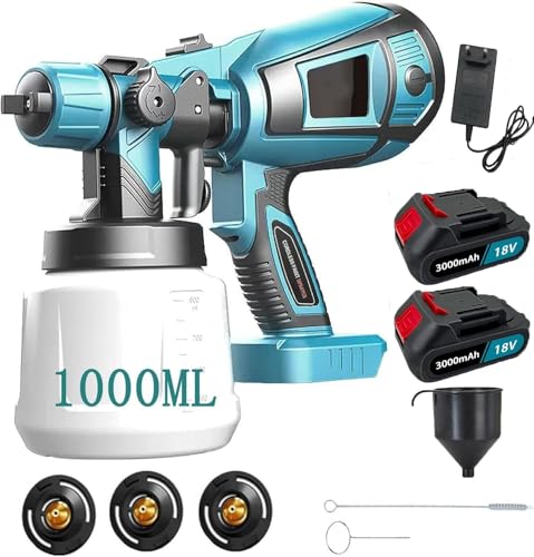 Akku Farbsprühsystem, Kompatibel mit Makita 18V Akkus, Elektro Lackierpistole mit 3 Düsen, 3 Spritzmuster,mit Abnehmbarem 1000ml-Farbeimer, zum Streichen(2x3000mAh Akku) von SEHMTSRF
