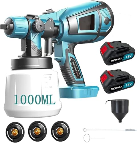 Akku Farbsprühsystem, Kompatibel mit Makita mit 2X 3000mAh Akku und Ladegerä,18V Elektro Lackierpistole mit 3 Düsen, 3 Spritzmuster,mit Abnehmbarem 1000ml-Farbeimer, zum Streichen von SEHMTSRF