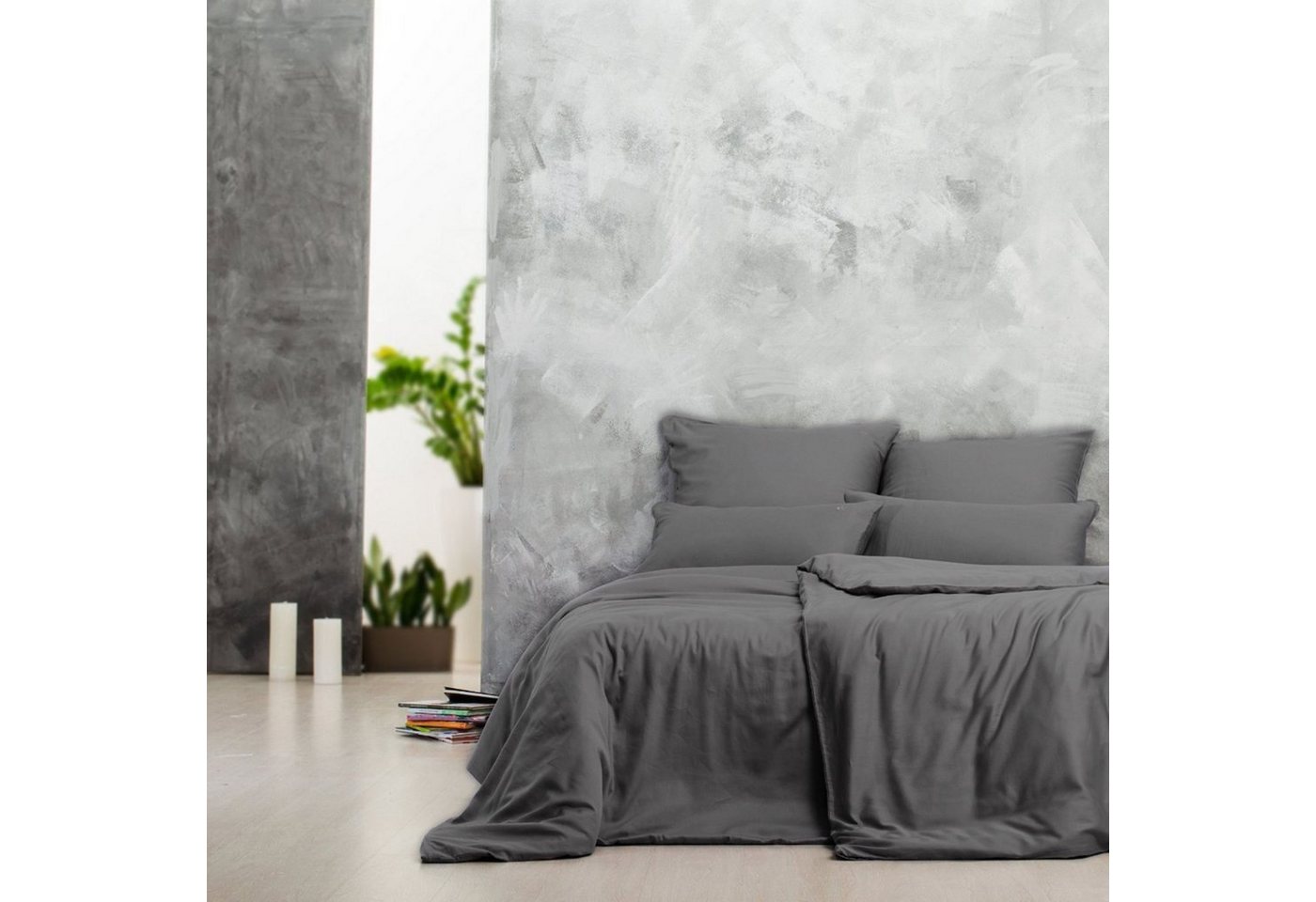 Bettwäsche aus 100% Mako-Satin Baumwolle Dark-Grey, SEI Design, Mako Satin, 1 teilig, gesticktes Logo von SEI Design