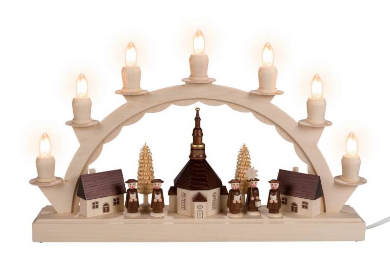 SEIFFEN.COM by Nestler LED Schwibbogen LED Schwibbogen Seiffener Dorf mit Kurrende, 38 cm von Nestler-Seiffen, 7 x LED Riffelkerzen 10 - 55 V (0,2 W) E10 von SEIFFEN.COM by Nestler
