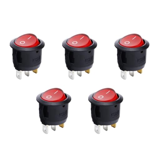 5 Stück Runder Kippschalter, Mini Schnapp-In-Tastenschalter, SPST Selbstsperrender Schalter, 3 Stifte 2 Positionen 6A 250V Rotes Licht für Haushaltsgeräte, DIY-Projekte von SEIWEI