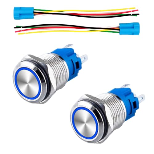 Verriegelnder Druckschalter, Druckknopfschalter LED Schalter vorverkabelt, 12V (2er Pack, Blau) von SEIWEI