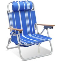 Alu Campingstuhl Faltbar Liege Klappstuhl, 3-stufig verstellbar, Strandstuhl mit Nackenkissen, Holz Armlehnen & Kühltaschen, Blau - Sekey von SEKEY