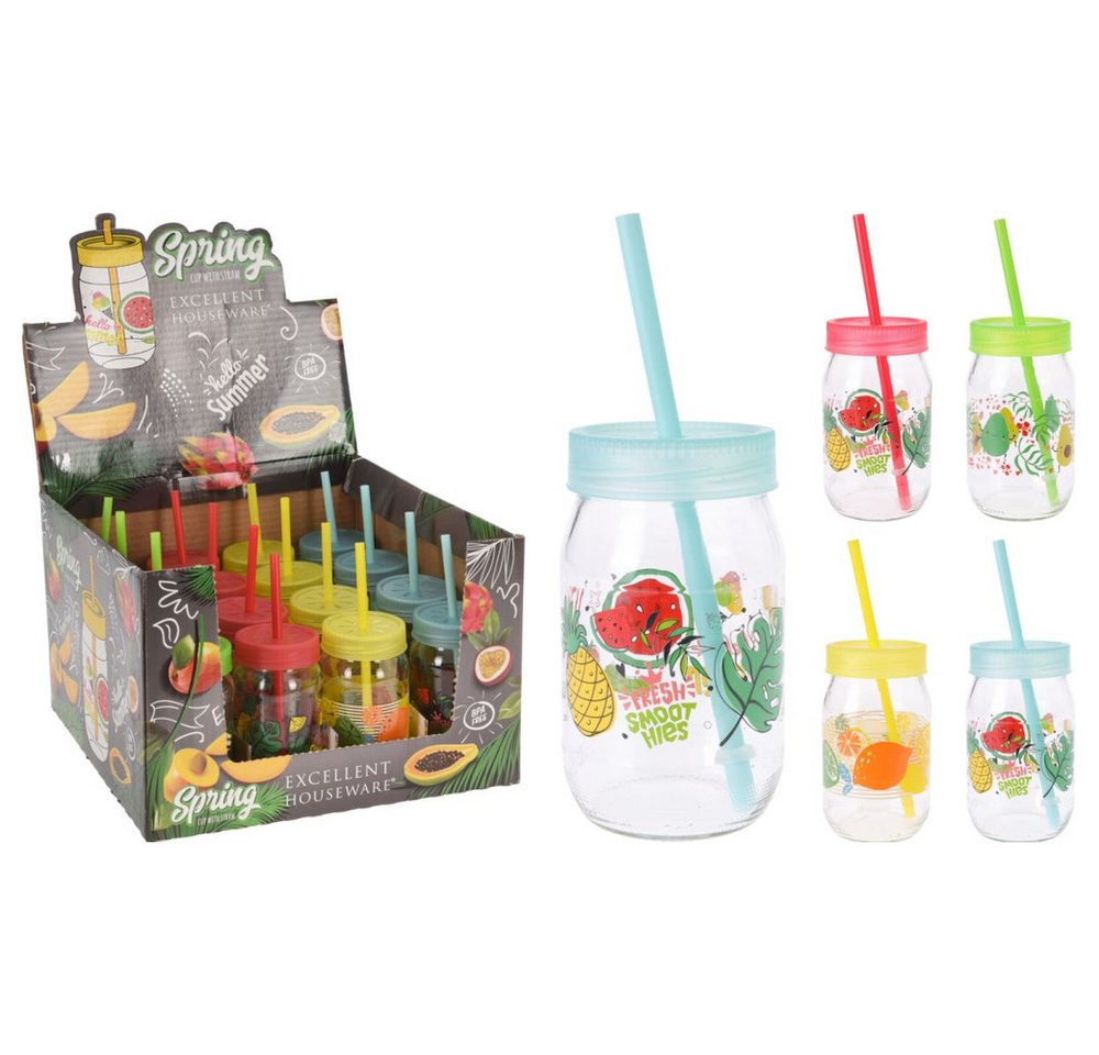 SELF IMPORT AGENCIES Kinderbecher Trinkbecher mit Motiv - mit Strohhalm und Deckel - Glas - ca. 370 ml -, Glas von SELF IMPORT AGENCIES