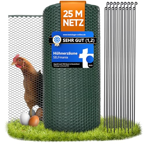 SELFmania Hühnerzaun 25m lang | 1,2m hoch | Freilaufgehege Hühner mit 18 Befestigungsstäben | Mobiler Zaun für Kleintiere | Engmaschiger Geflügelzaun | Ideales Hühner Zubehör von SELFmania