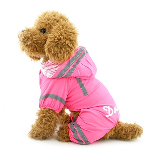 SELMAI Wasserdichter Regenmantel für kleine Hunde, mit Kapuze, Netzfutter, weich, leicht, Welpen, Regenponcho-Jacke, Jumpsuit mit Streifen, Pink, XL von SELMAI