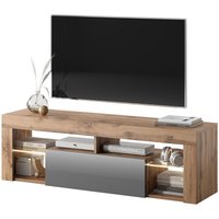 Selsey - bianko - TV-Lowboard stehend in Lancaster Eiche/Grau Hochglanz mit Klappe und LED-Beleuchtung, 140 cm von SELSEY