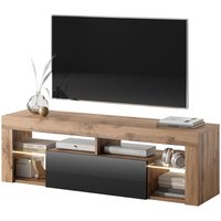 Selsey - bianko - TV-Lowboard stehend in Lancaster Eiche/Schwarz Hochglanz mit Klappe und LED-Beleuchtung, 140 cm von SELSEY